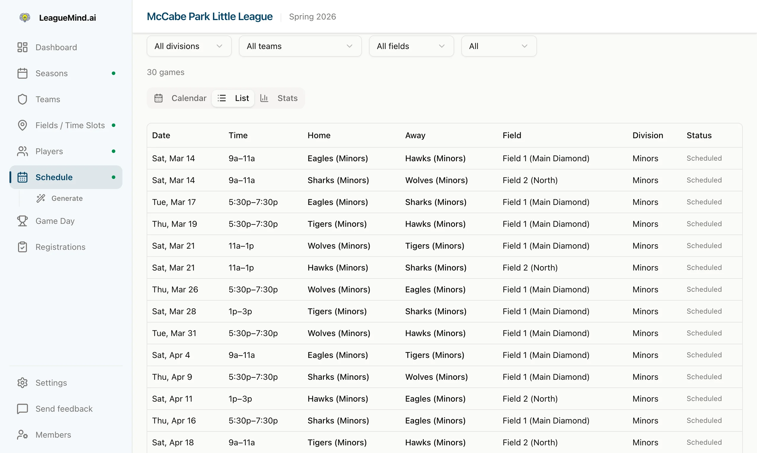 The LeagueMind schedule view listing generated games with date, time, teams, field, and division.